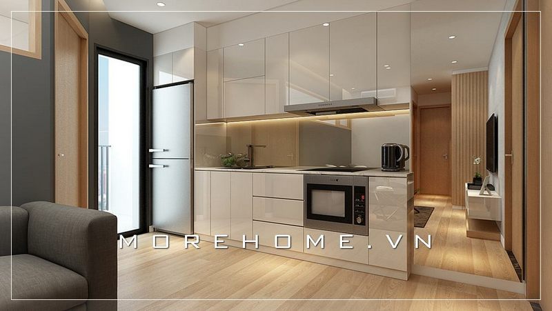 Mẫu tủ bếp gỗ công nghiệp có màu trắng hiện đại và đơn giản phù hợp với các căn hộ chung cư.