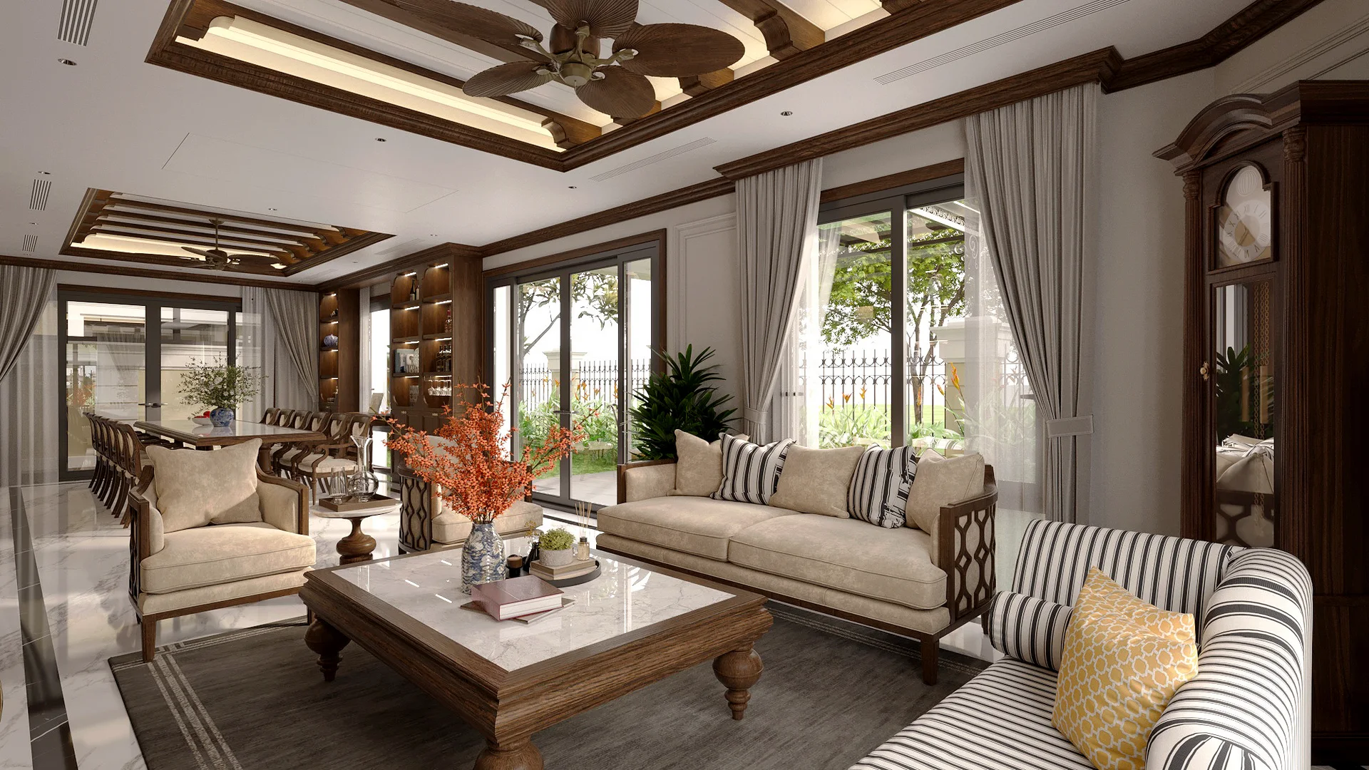 Phòng khách trần gỗ liên thông sân vườn